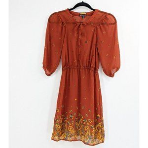 Brooklyn Industries Sheer Rust Paisley Print Trim Dress size XS